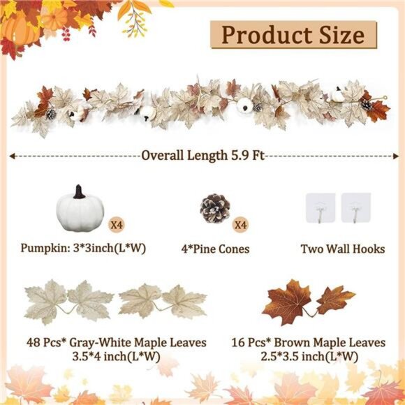 Fall Decor - Fall Garland - 5.9Ft Fall Maple Leaves Garland with Pumpkin - Picture 3 of 7